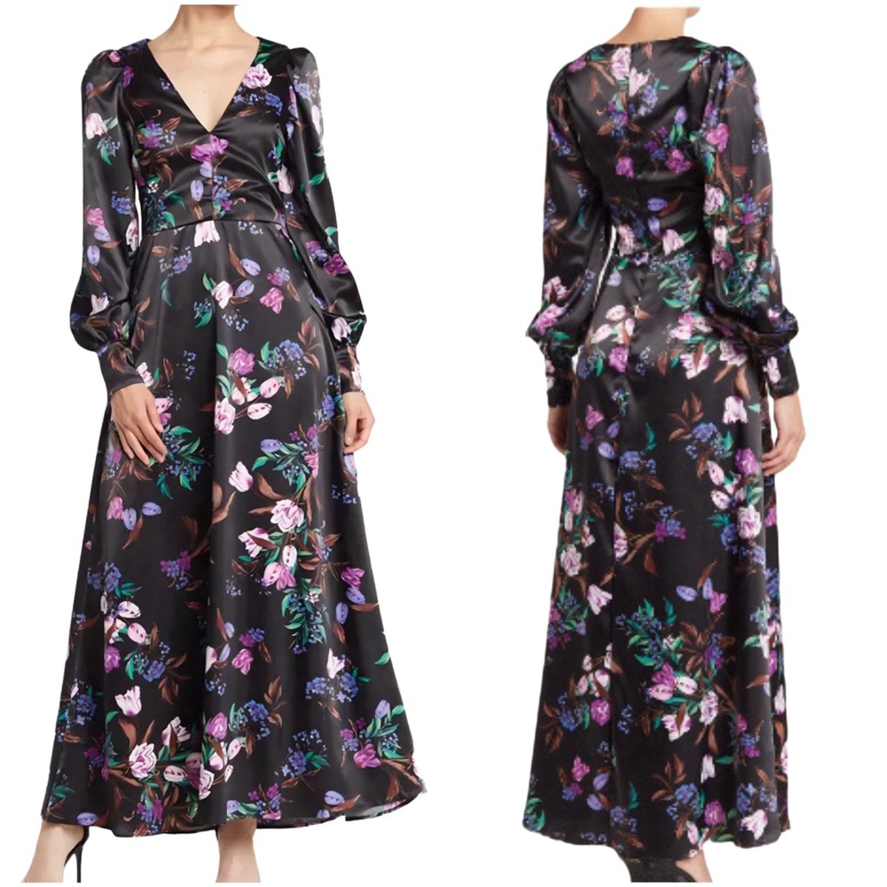 AFRM Vesta Noir Bouquet Floral Long Sleeve Maxi Dress Women’s Size Medium Black